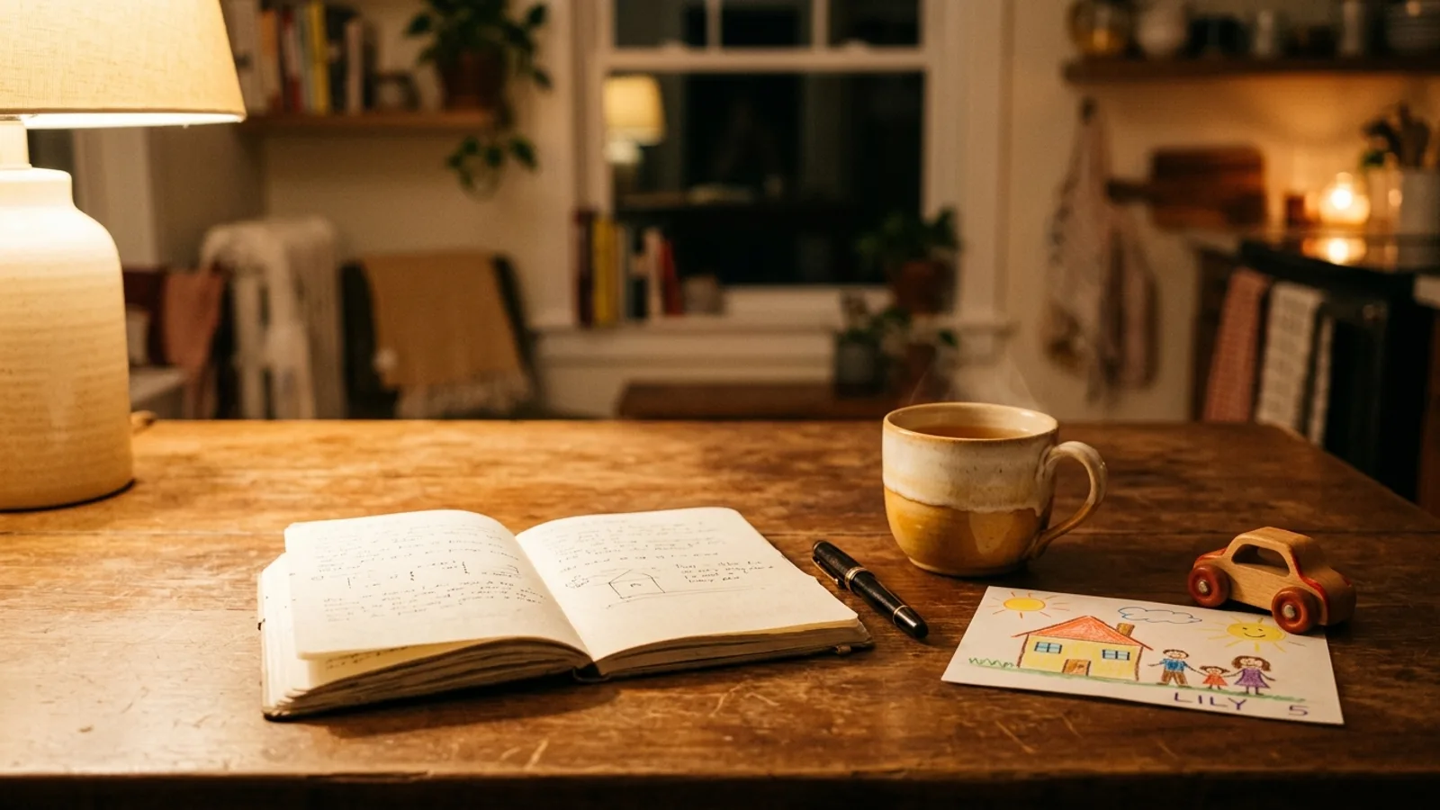 A notebook and pen on a warm-lit kitchen table beside a mug and a child's drawing in the evening.
